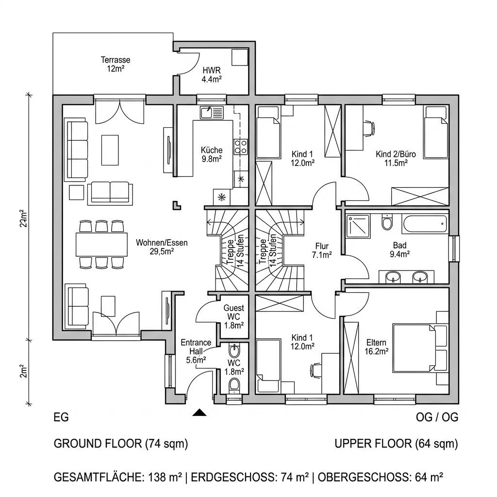 Grundriss PultVersatz 138 von Kitzlinger Haus — 138 m², 5 Zimmer