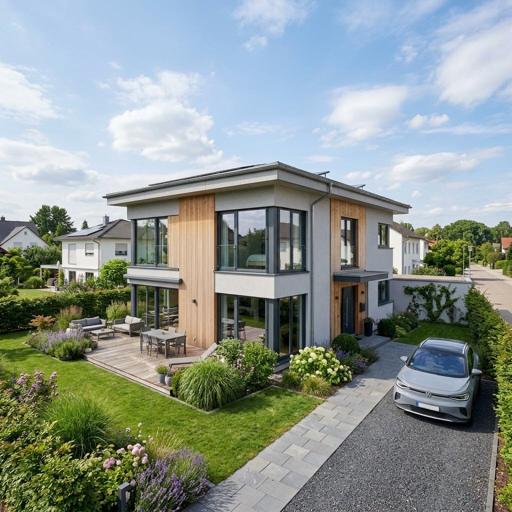 Kubushaus Kubus Nord 165 von Meisterstück-HAUS — größeres Architektenhaus mit Flachdach