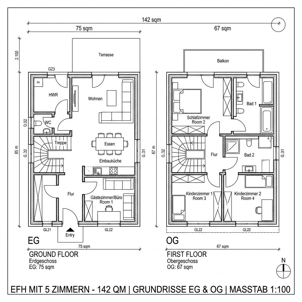 Grundriss Trend 142 von OKAL Haus — 142 m², 5 Zimmer