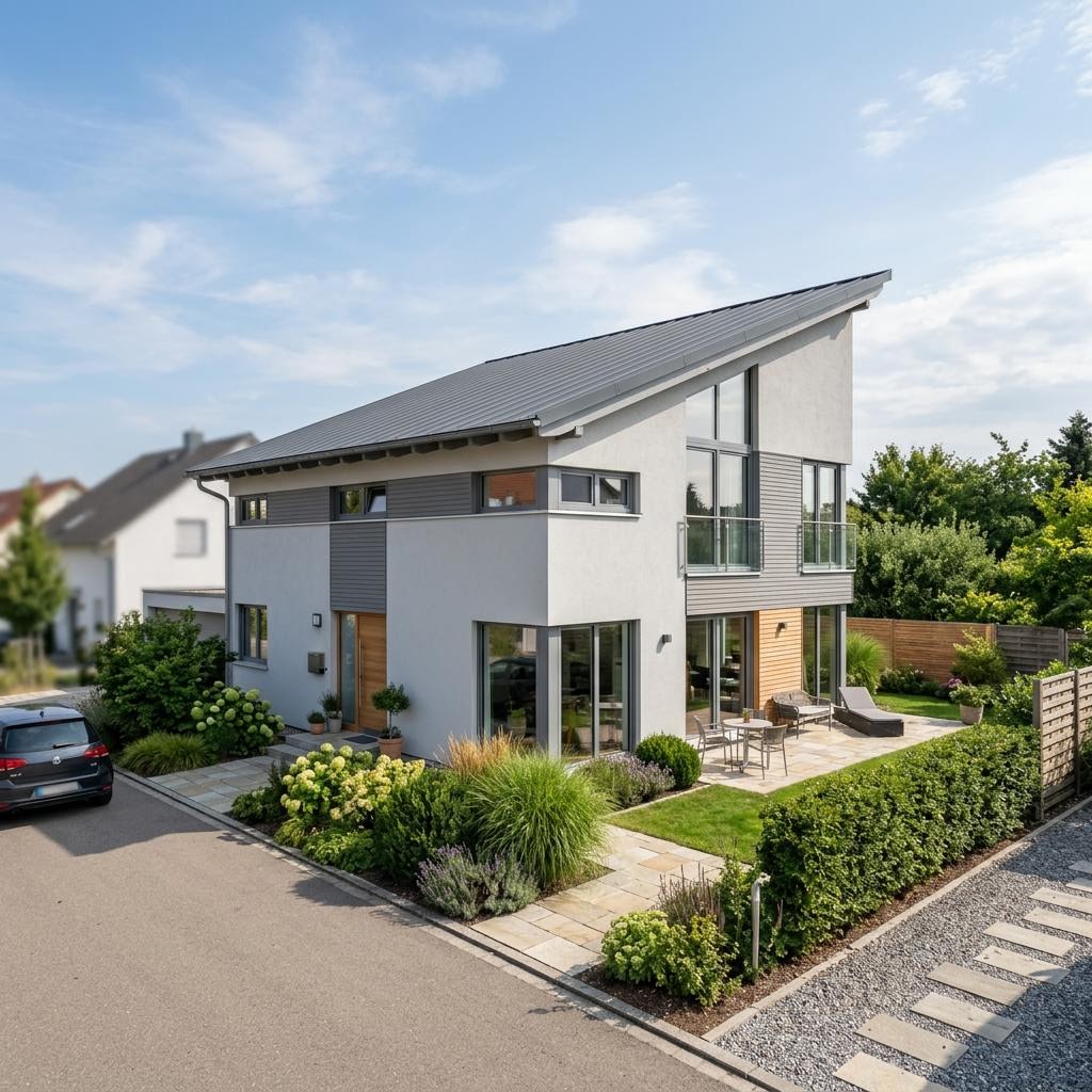 Einfamilienhaus Modern Pult 155 von P & P Massivhaus — Massivhaus mit Pultdach und fünf Zimmern