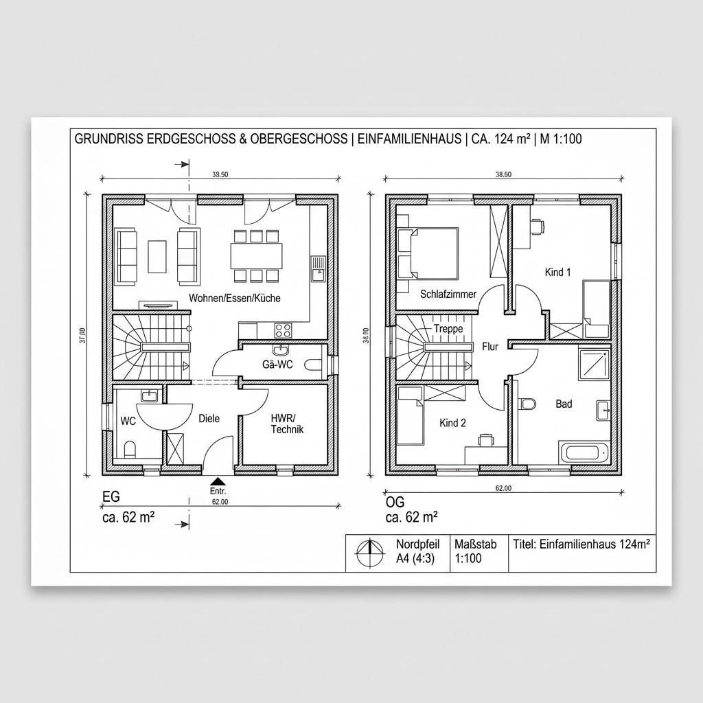 Grundriss Holzhaus Bergwald 124 von Petershaus — 124 m², 4 Zimmer