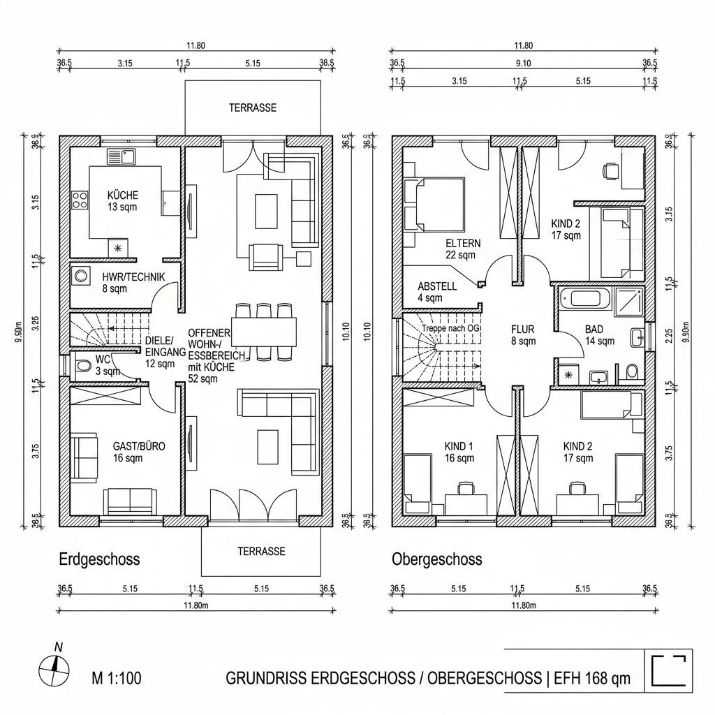 Grundriss Vollholz Familie 168 von Petershaus — 168 m², 6 Zimmer