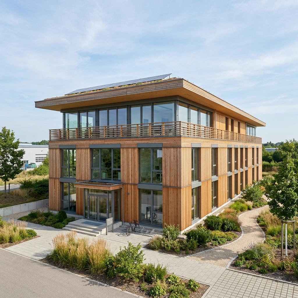 Gewerbe Büroneubau von Regnauer Hausbau mit Flachdach — Gewerbebau in Holzbauweise