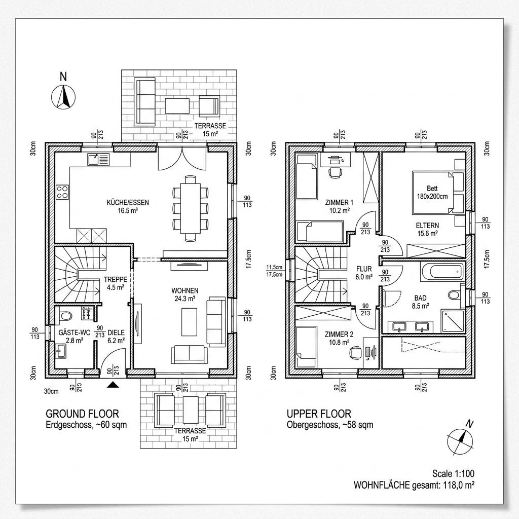 Grundriss Ziegelmassiv-Familienhaus 118 von Rötzer Ziegel-Element-Haus — 118 m², 4 Zimmer