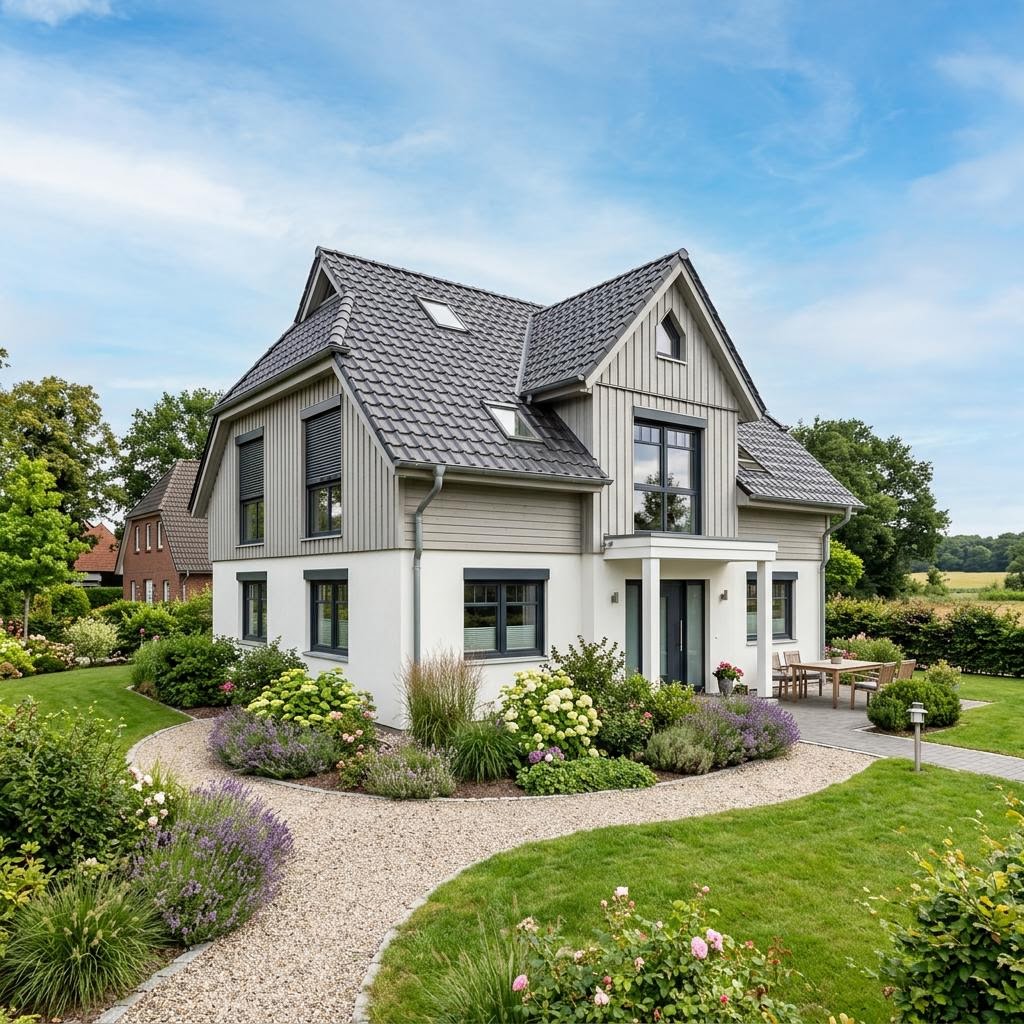 Friesenhaus SH 142 F von ScanHaus Marlow — Fertighaus mit Klinkerfassade und Krüppelwalmdach