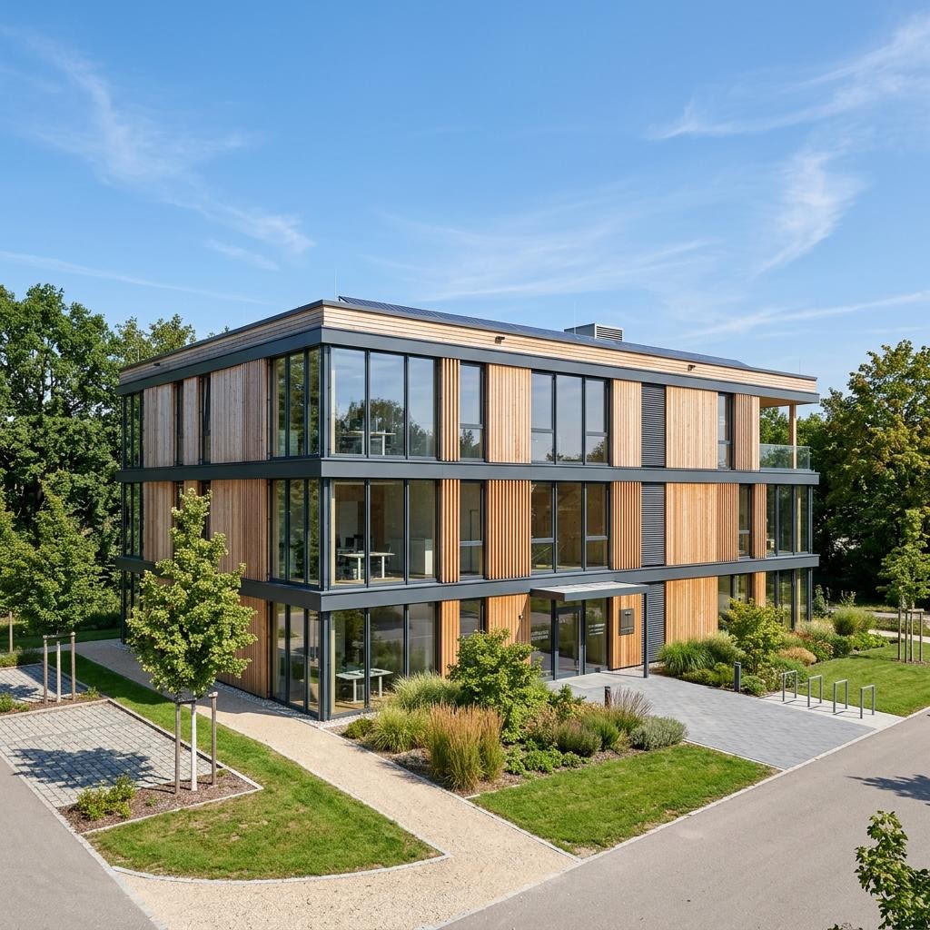 Gewerbe Bürogebäude von SchwörerHaus mit Flachdach — mehrgeschossiger Objektbau in Holzfertigbauweise