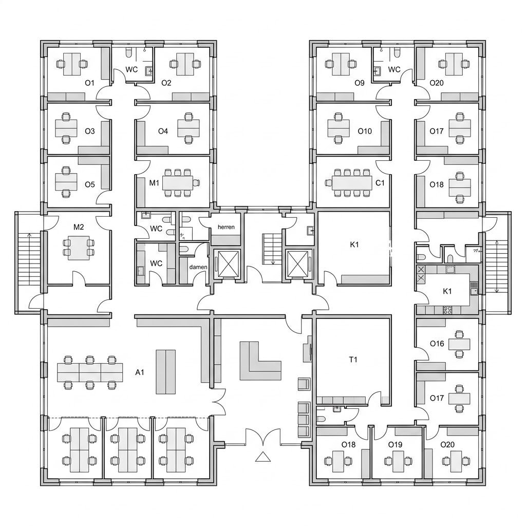 Grundriss Objektbau Bürogebäude – 600 m² Gewerbe mit 20 Zimmern