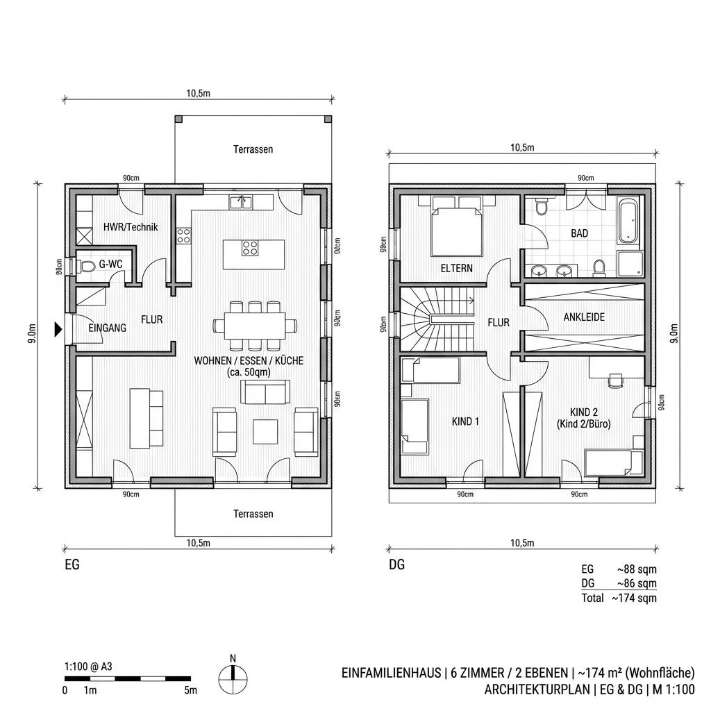 Grundriss Massiv Familie 174 von Team Massivhaus — 174 m², 6 Zimmer