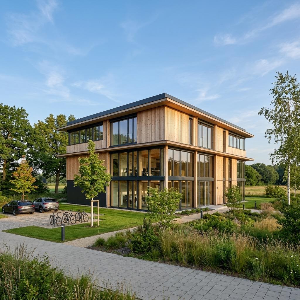 Gewerbe Bürogebäude von WeberHaus mit Flachdach — Objektbau in ökologischer Holzbauweise