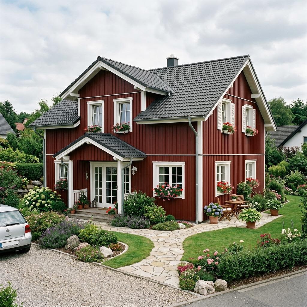 Schwedenhaus Björk 160 von Eksjöhus mit Holzfassade, Sprossenfenstern und Veranda
