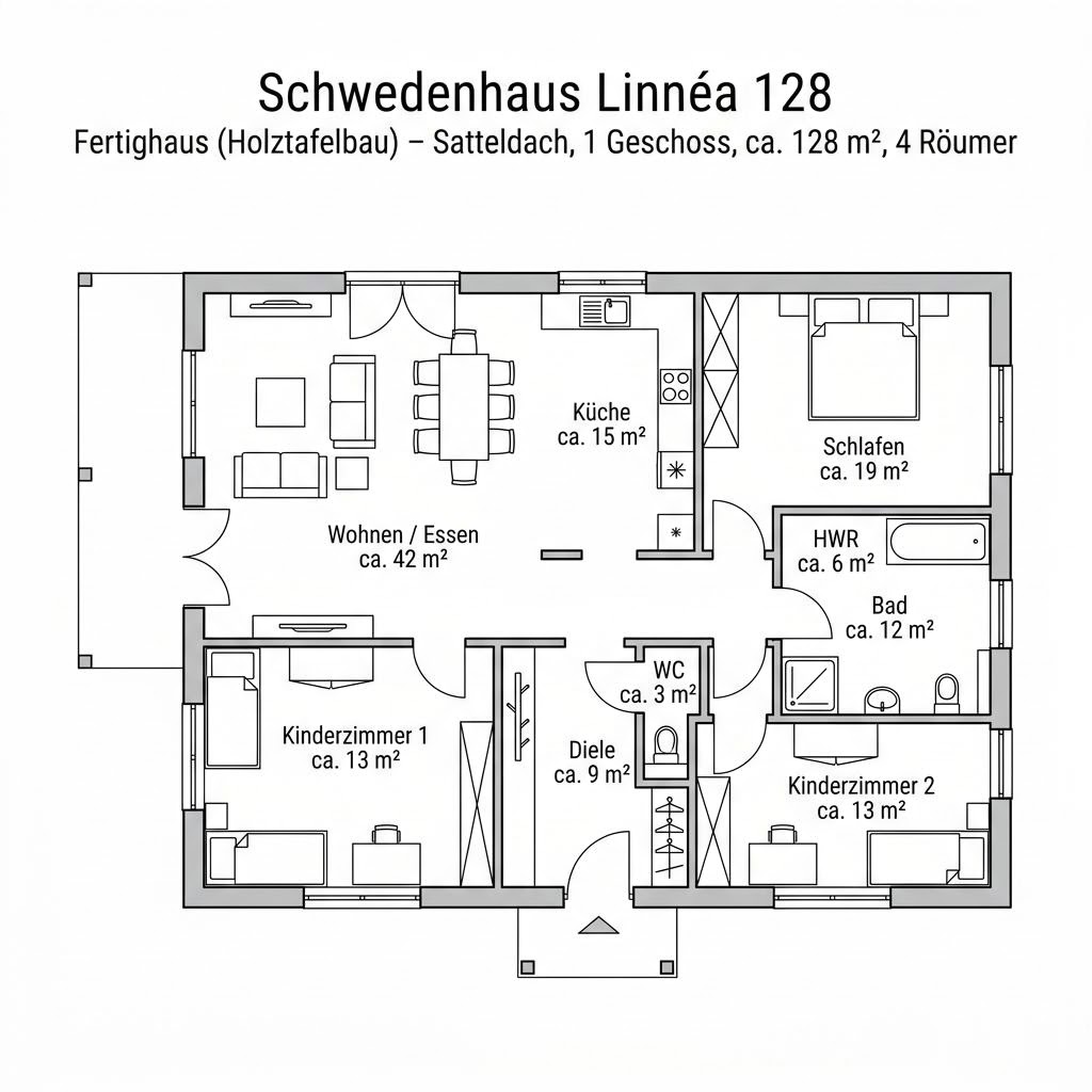 Grundriss Schwedenhaus Linnéa 128 von Eksjöhus — 128 m², 4 Zimmer