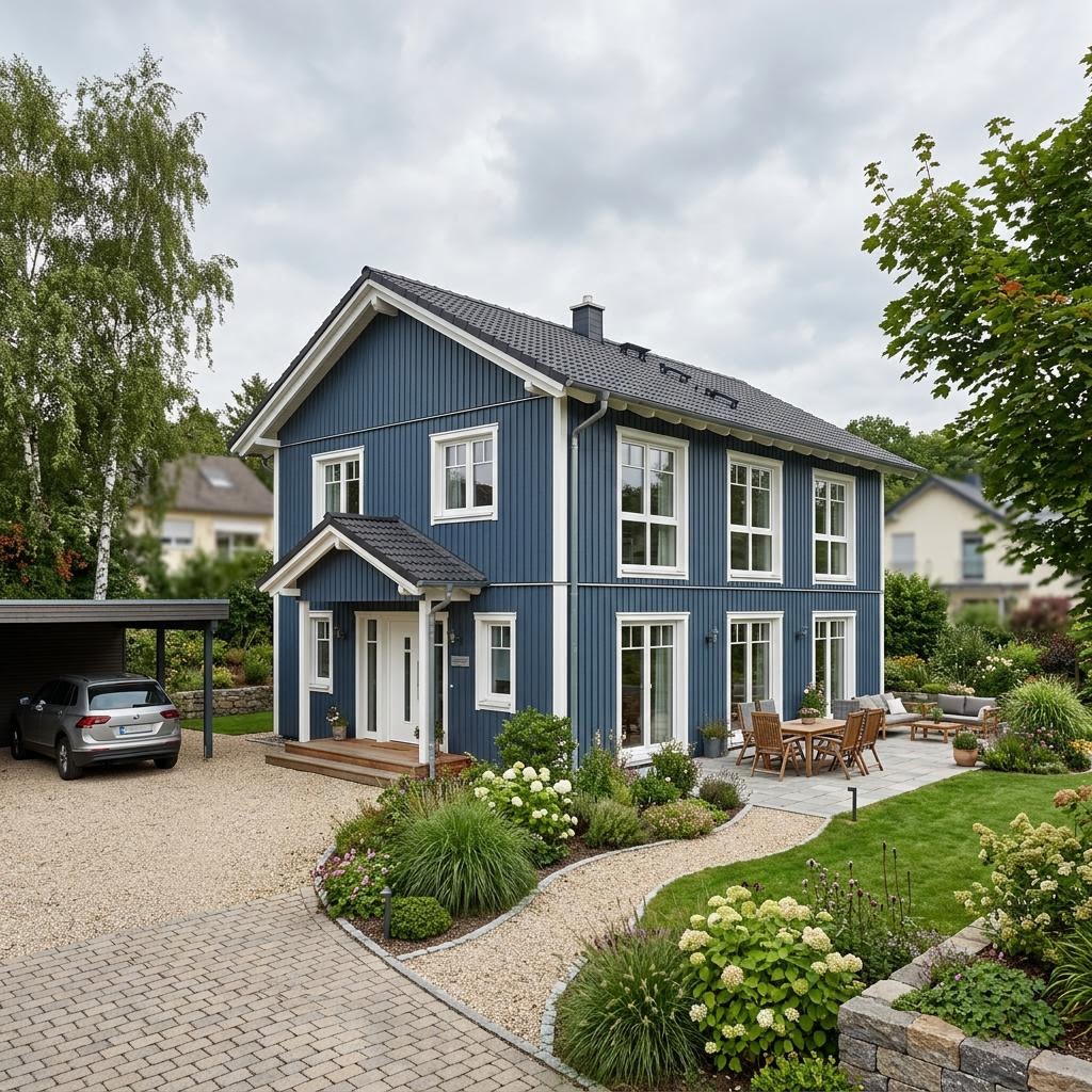 Schwedenhaus Stjärna 144 von Eksjöhus mit Holzfassade, Sprossenfenstern und Balkon