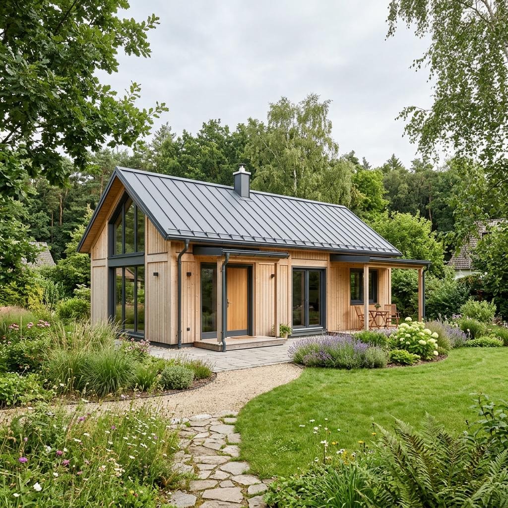 Ferienhaus Solvik 58 von Eksjöhus mit heller Holzfassade und überdachter Veranda
