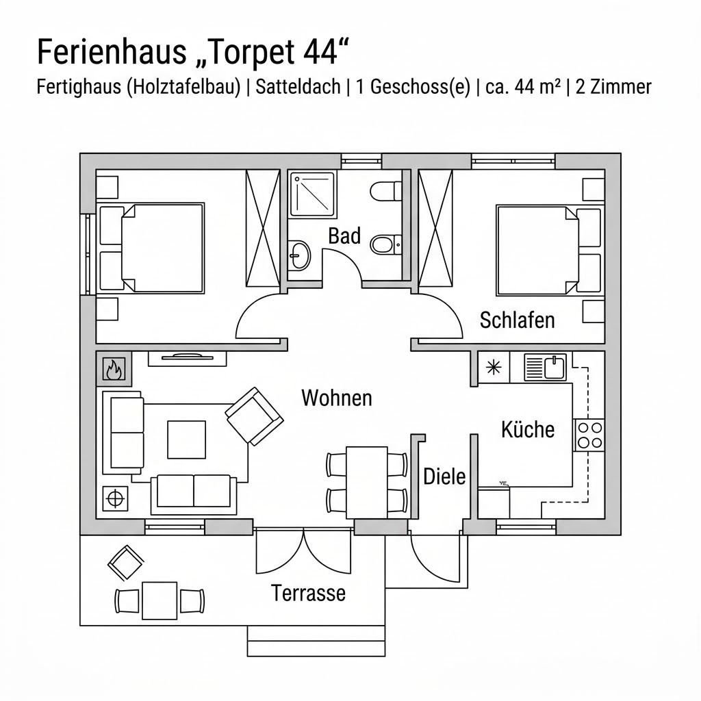 Grundriss Torpet 44 von Eksjöhus — 44 m², 2 Zimmer