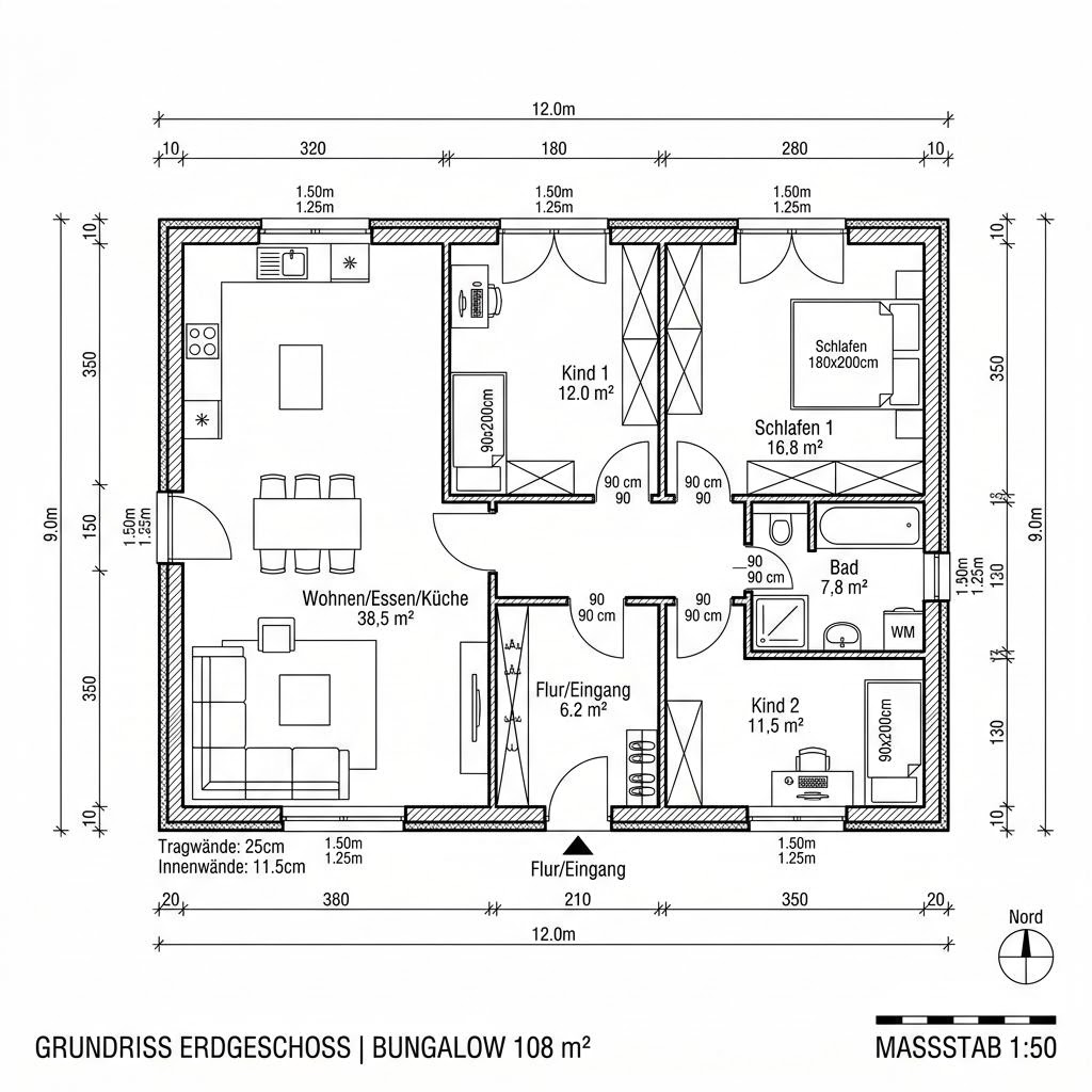 Grundriss Bungalow 108 von ELK Haus — 108 m², 4 Zimmer