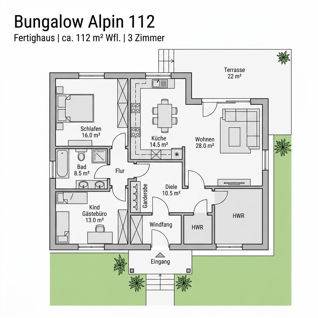 Grundriss Bungalow Alpin 112 – 112 m² Bungalow mit 3 Zimmern