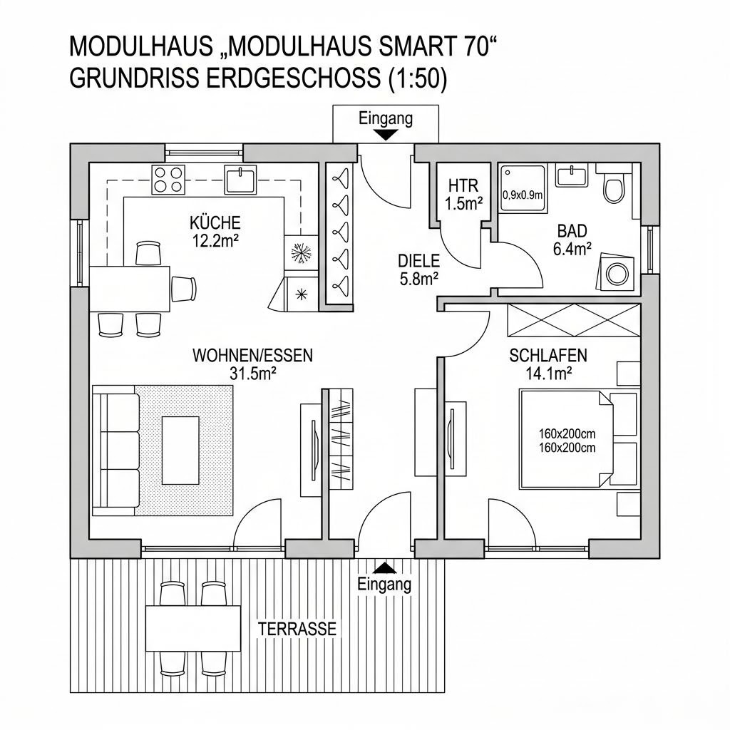 Grundriss Modulhaus smart 70 von ELK Haus — 70 m², 3 Zimmer
