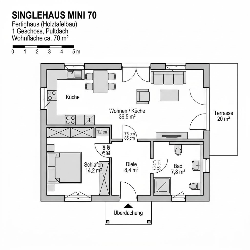 Grundriss Singlehaus Mini 70 – 70 m² Singlehaus mit 2 Zimmern