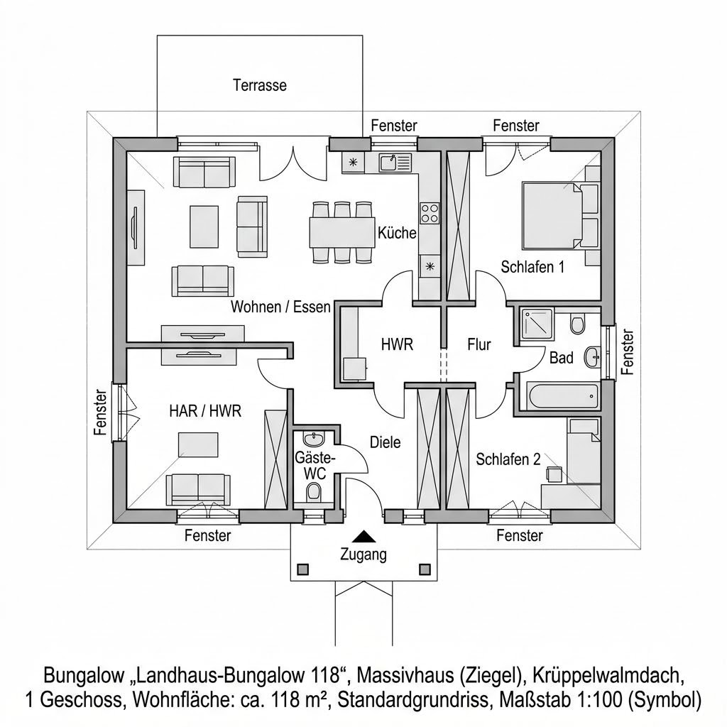 Grundriss Landhaus-Bungalow 118 – 118 m² Bungalow mit 3 Zimmern