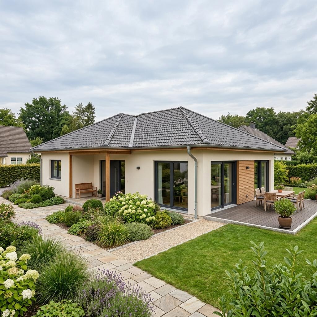 Bungalow Massiv-Bungalow 104 von FIBAV Massivhaus mit Walmdach — massives Ziegelhaus mit 104 m²