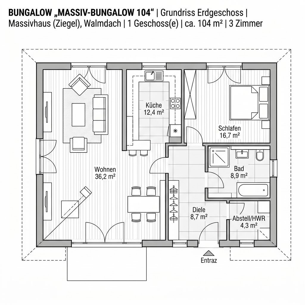 Grundriss Massiv-Bungalow 104 – 104 m² Bungalow mit 3 Zimmern