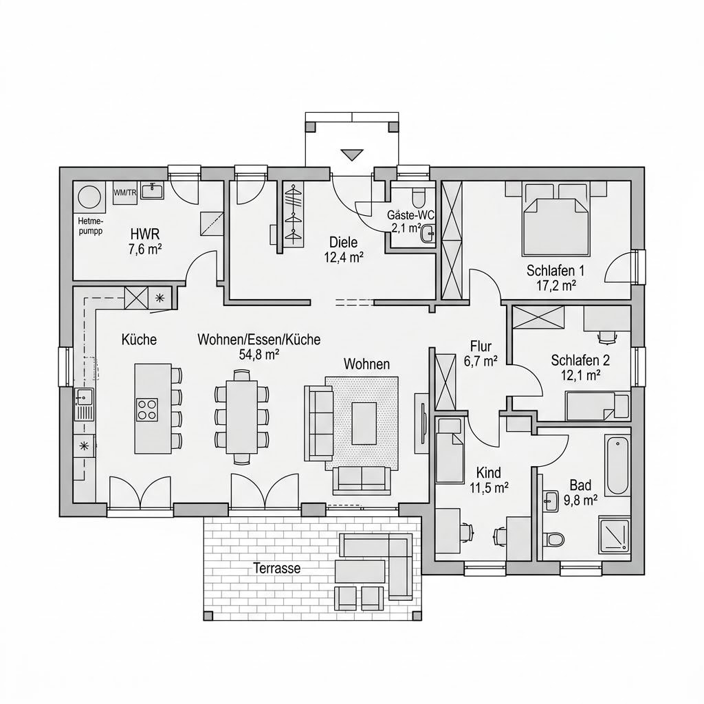 Grundriss Massiv-Bungalow Panorama 131 von FIBAV Massivhaus — 131 m², 4 Zimmer