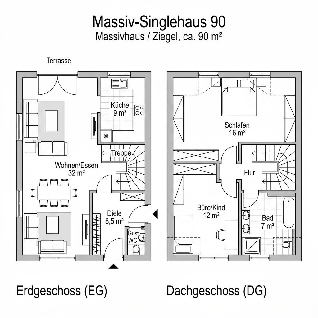 Grundriss Massiv-Singlehaus 90 – 90 m² Singlehaus mit 3 Zimmern