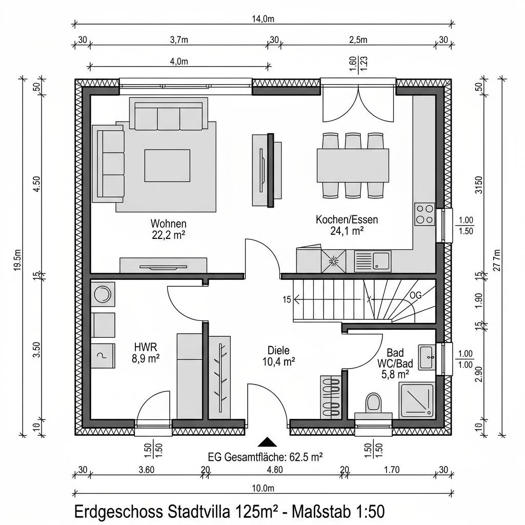 Grundriss Stadtvilla Zelt 125 – 125 m² Stadtvilla mit 4 Zimmern
