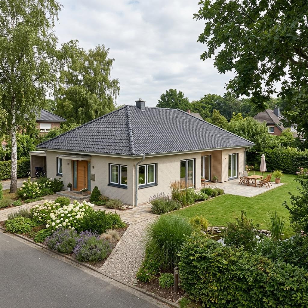 Land-Winkelbungalow 134 von FIBAV Massivhaus mit Krüppelwalmdach — massiver Winkelbungalow im Landhausstil mit 134 m²