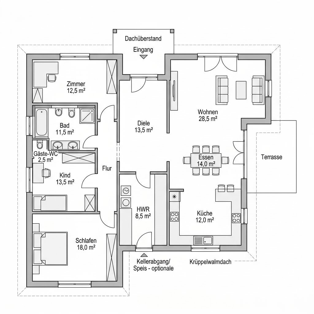 Grundriss Land-Winkelbungalow 134 – 134 m² Winkelbungalow mit 4 Zimmern