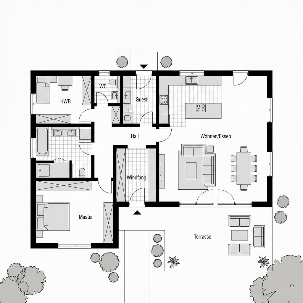 Grundriss Winkelbungalow Massivwinkel 135 – 135 m² Winkelbungalow mit 4 Zimmern