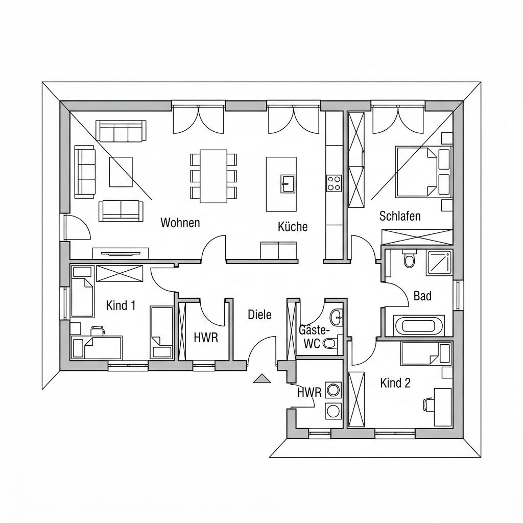 Grundriss Massiv-Winkelbungalow 142 – 142 m² Winkelbungalow mit 5 Zimmern