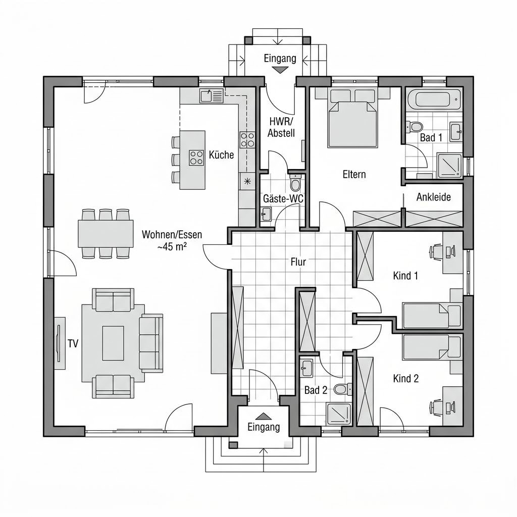 Grundriss VIO Bungalow 135 – 135 m² Bungalow mit 5 Zimmern