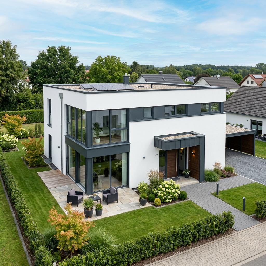 Kubushaus Medley 156 von FingerHaus mit Flachdach — kubisches Fertighaus im Bauhausstil mit 156 m²