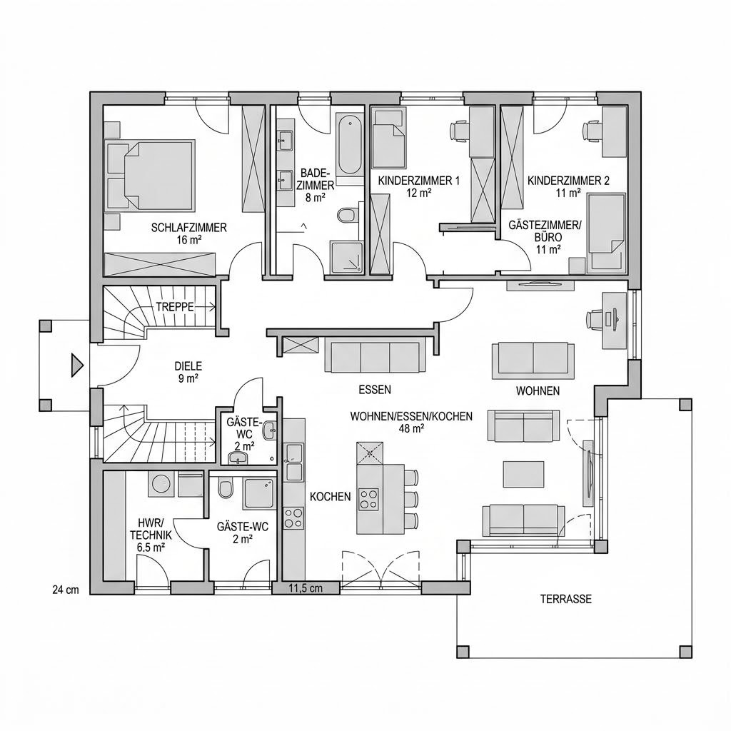 Grundriss NEO 211 – 136 m² Einfamilienhaus mit 6 Zimmern