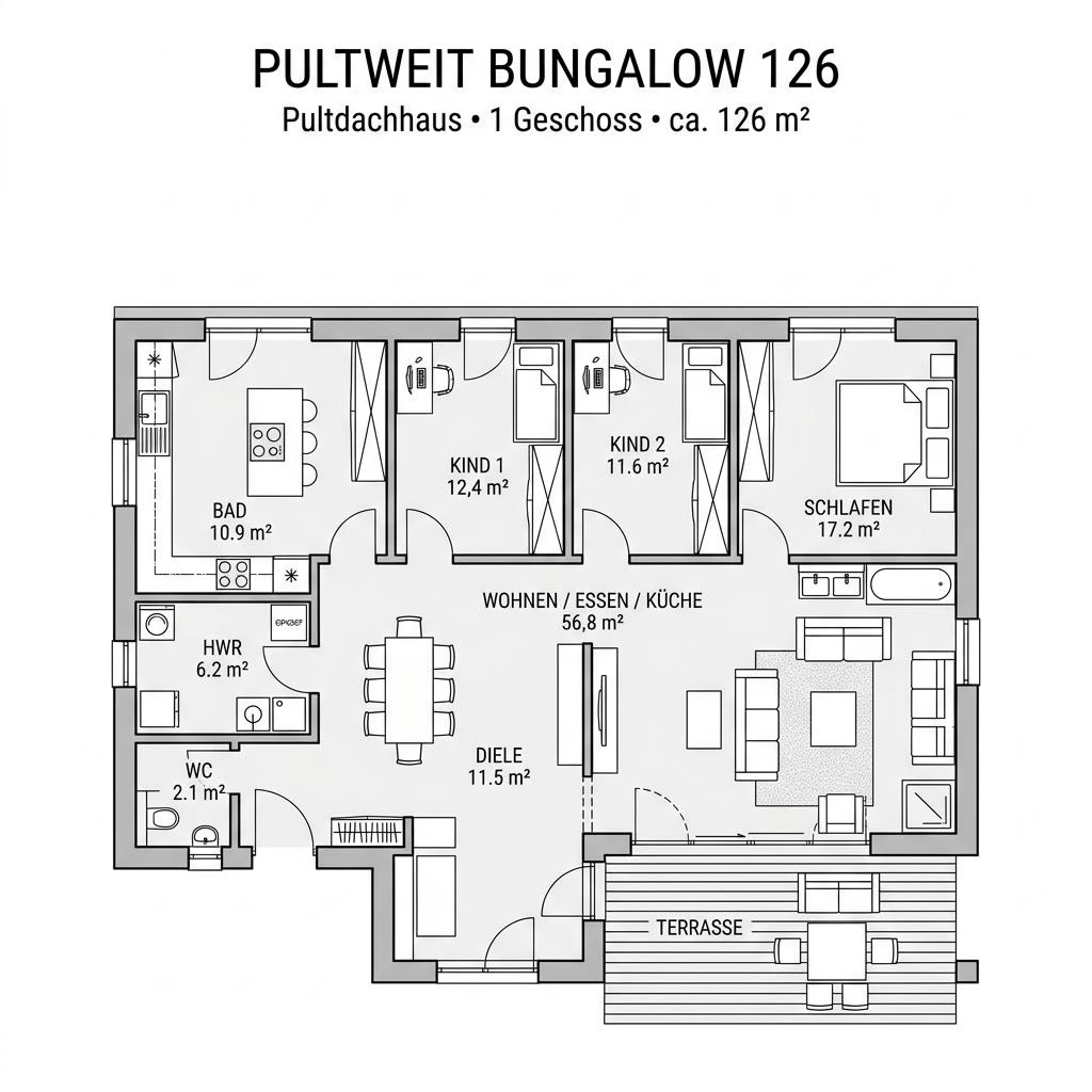Grundriss PultWeit Bungalow 126 von FingerHaus — 126 m², 4 Zimmer