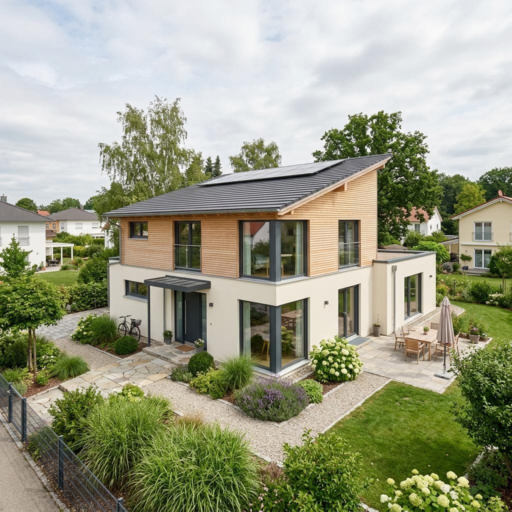 Pultdachhaus PultWerk 142 von FingerHaus mit südorientierter Photovoltaik-Dachfläche