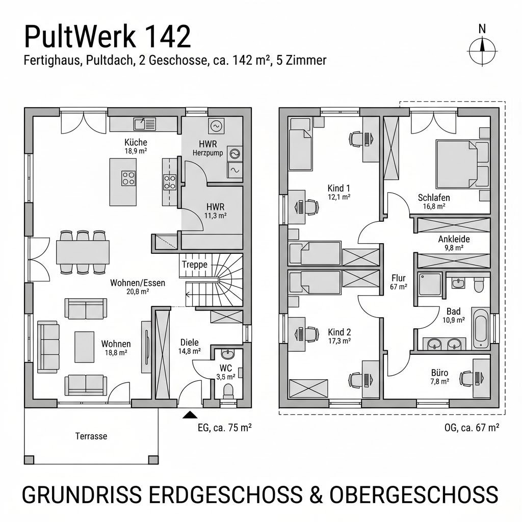 Grundriss PultWerk 142 von FingerHaus — 142 m², 5 Zimmer