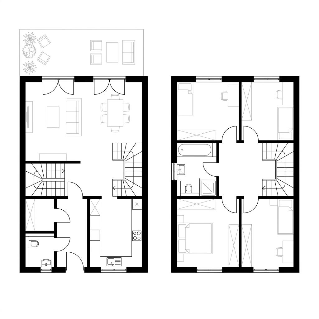 Grundriss Reihenmittelhaus Medley R106 – 106 m² Reihenhaus mit 4 Zimmern