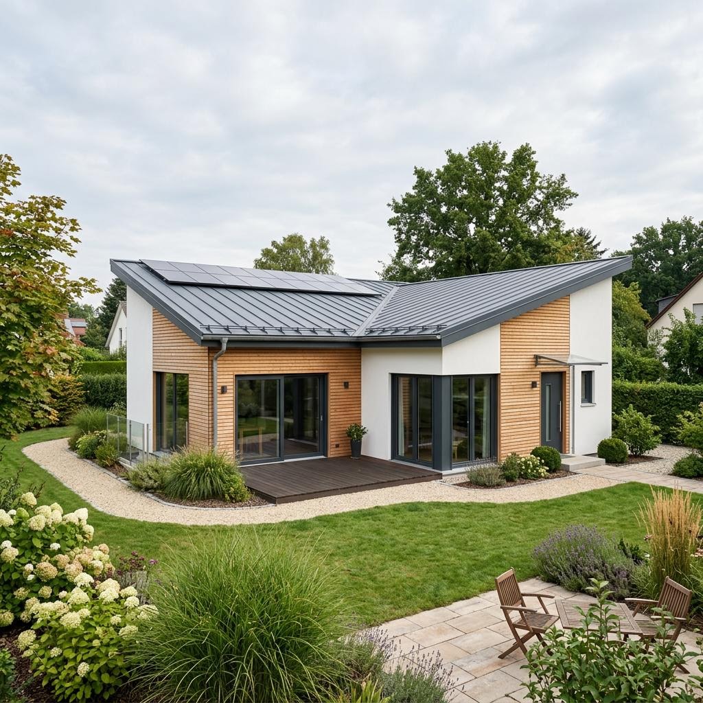 Pultdach-Bungalow Solaris Pult 118 von FingerHaus mit barrierearmem Grundriss und Solardach