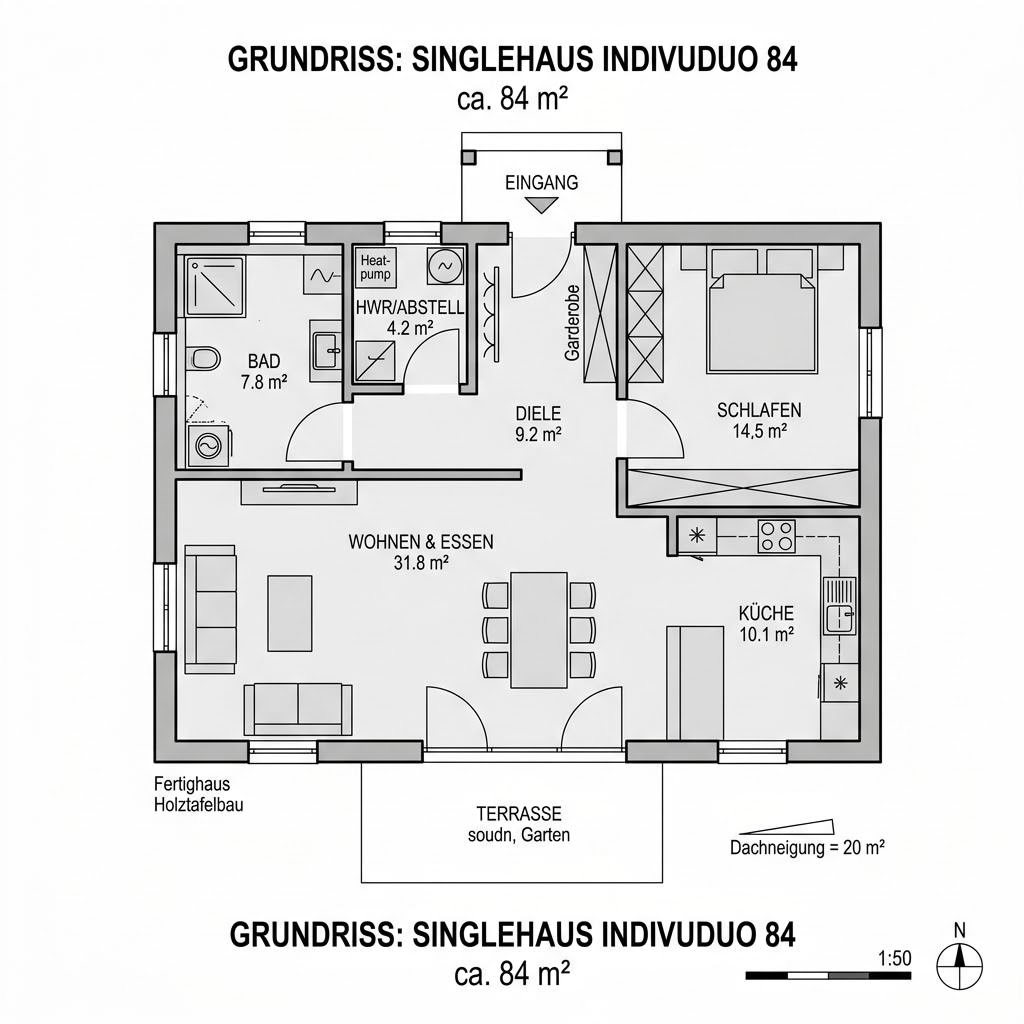 Grundriss Singlehaus Individuo 84 – 84 m² Singlehaus mit 3 Zimmern