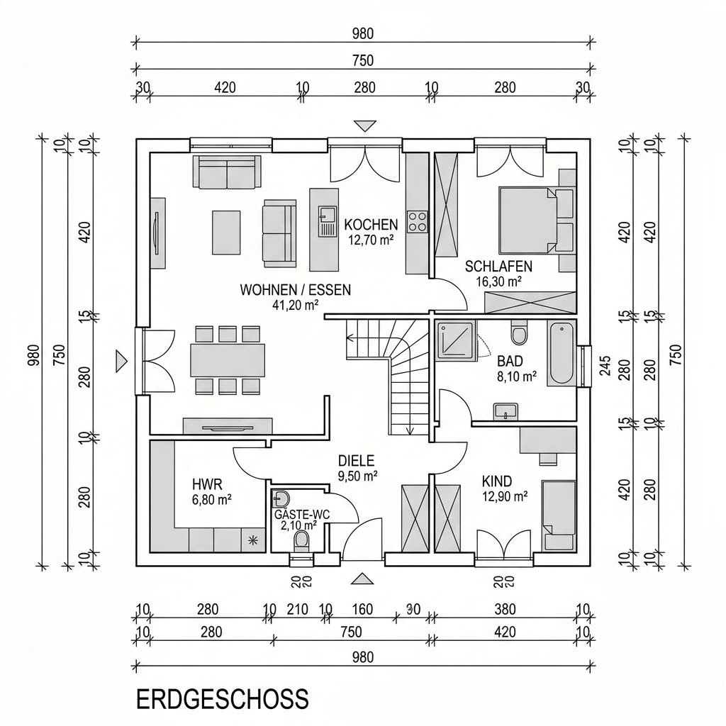 Grundriss Stadtvilla Walm 143 – 143 m² Stadtvilla mit 5 Zimmern