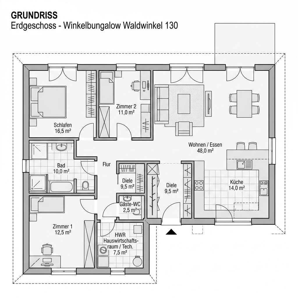 Grundriss Winkelbungalow Waldwinkel 130 – 130 m² Winkelbungalow mit 4 Zimmern