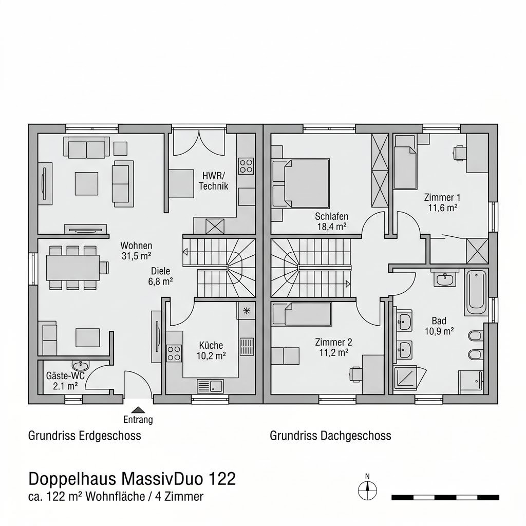 Grundriss Doppelhaus MassivDuo 122 von FischerHaus — 122 m², 4 Zimmer