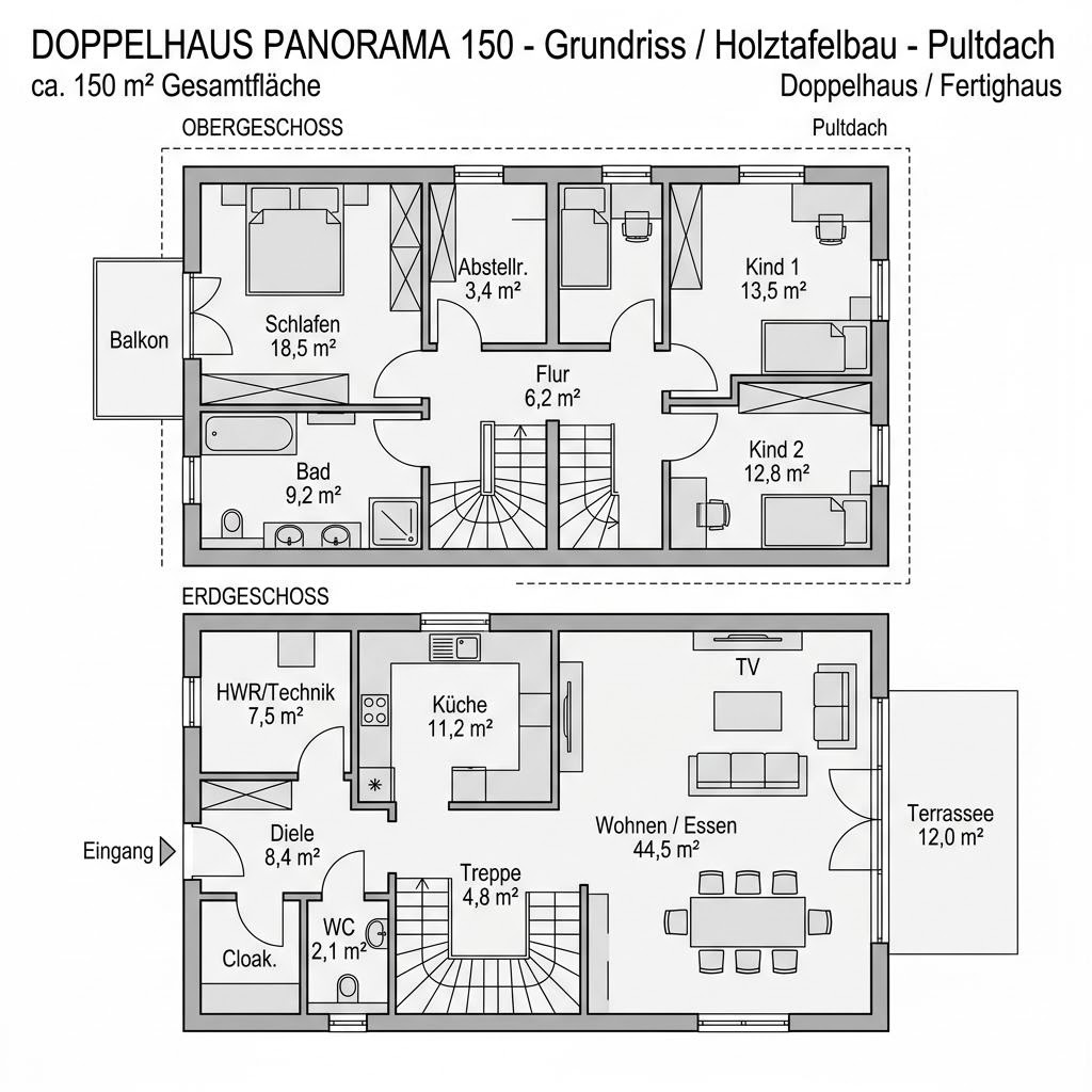 Grundriss Doppelhaus Panorama 150 – 150 m² Doppelhaus mit 5 Zimmern