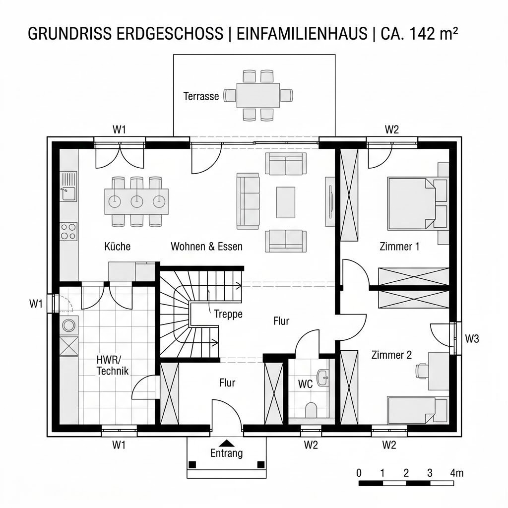 Grundriss Kubus 142 – 142 m² Einfamilienhaus mit 5 Zimmern
