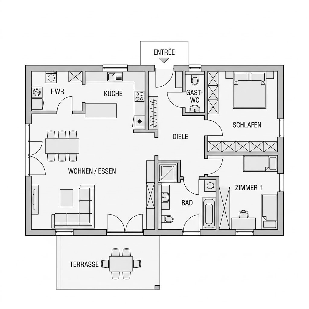 Grundriss Pult Bungalow 122 von FischerHaus — 122 m², 4 Zimmer
