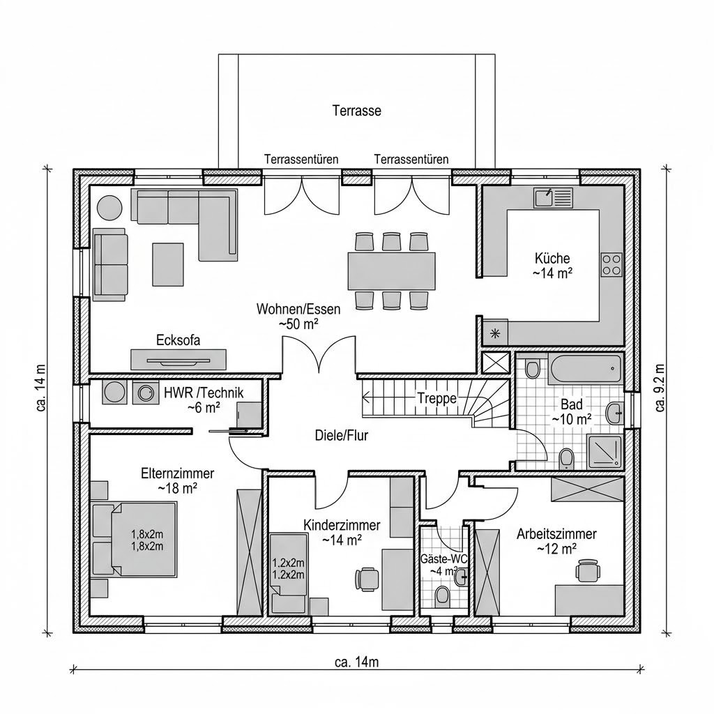 Grundriss Satteldach 128 – 128 m² Einfamilienhaus mit 4 Zimmern