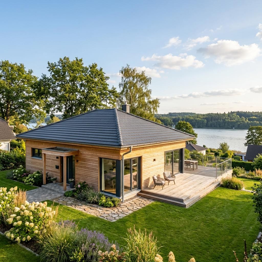 Chalet-Bungalow Chalet-Bungalow Seeblick von Fjorborg Holzhäuser mit Walmdach und Holzfassade