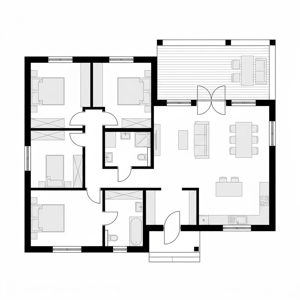 Grundriss Chalet-Bungalow Seeblick von Fjorborg Holzhäuser — 132 m², 4 Zimmer